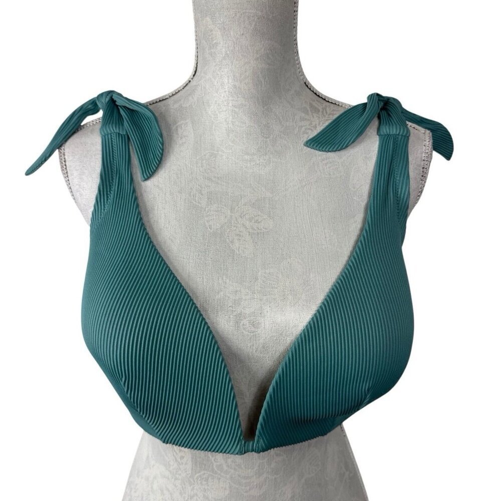 Shade‎ & Shore Women's 38DD Padded Tie Shoulder Plunge Rib Swim Top Green